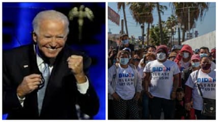 A group of migrants crossing the southern border were photographed wearing t-shirts in support of President Biden and holding signs which read: "Biden, please let us in!"