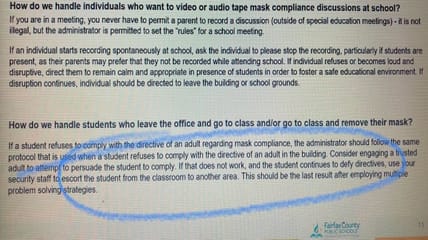 Slides from a presentation to teachers at a Fairfax County Public School in Virginia indicate students who do not comply with mask rules will be provided a separate space and, if they remain non-compliant, may be removed by school security.
