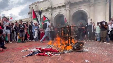 Anti-Israel Protesters Tear Down US Flags, Burn Them, Raise Palestinian Flags Blocks From Capitol