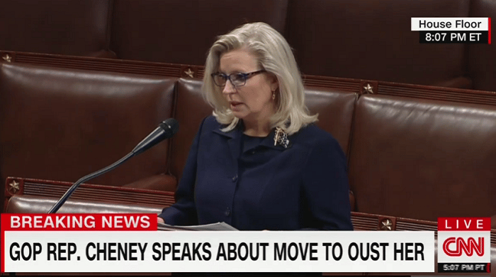 Representative Liz Cheney continued bashing former President Donald Trump in a House speech hours before a vote to remove her from leadership.