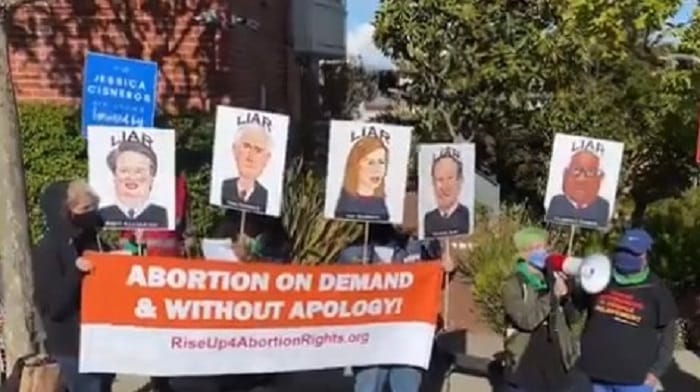 A handful of pro-abortion protesters made their way to Nancy Pelosi's house Tuesday saying Democrats were "complicit" in the potential Supreme Court ruling to overturn Roe v. Wade.