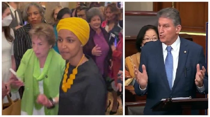Verified liberal accounts on social media were melting down and female lawmakers broke into a chant of "my body, my decision" following the sinking of a Democrat bill to expand abortion rights in part due to Senator Joe Manchin's vote in opposition.