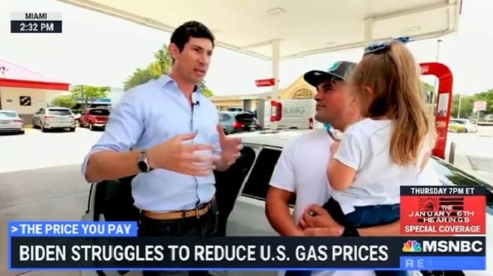 An MSNBC reporter, conducting a type of 'man on the street' interview at a local gas station, got an honest and succinct answer when he asked a random customer about who is responsible for high prices and if it would affect their vote come election day.