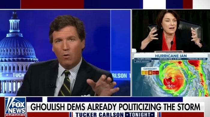 Tucker Carlson slammed Democrat politicians and media members for using the tragedy of Hurricane Ian and natural disasters in general to score cheap political points.