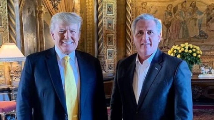 Donald Trump refused to say if he was sticking with his support for Kevin McCarthy in his bid for Speaker of the House and blamed Mitch McConnell for "turmoil" in the Republican party.