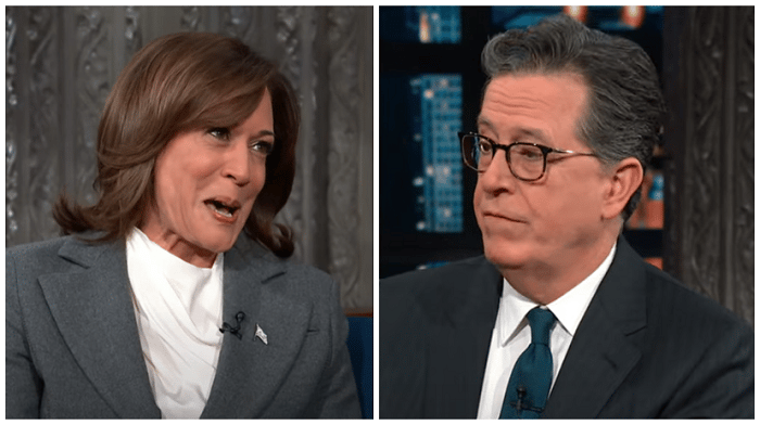 Stephen Colbert took a jab at Kamala Harris, jokingly asking if she viewed kissing up to President Biden as "part of the job" of Vice President after she repeatedly praised his "extraordinary" leadership.