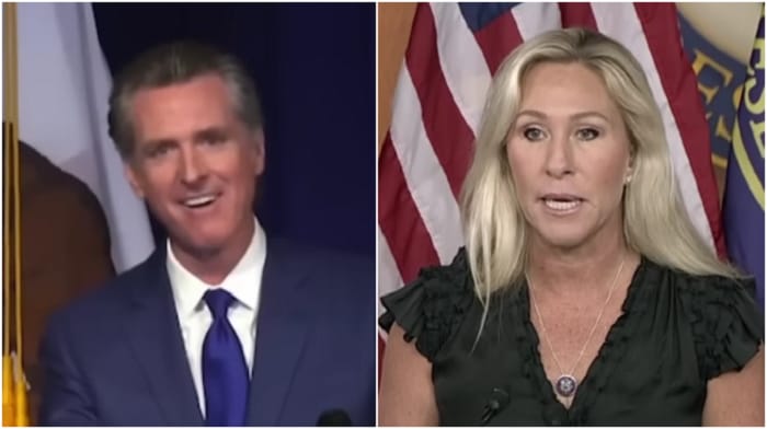 Gavin Newsom accuses Marjorie Taylor Greene of trying to get Representative Jamaal Bowman lynched by pointing out his aggressive behavior.
