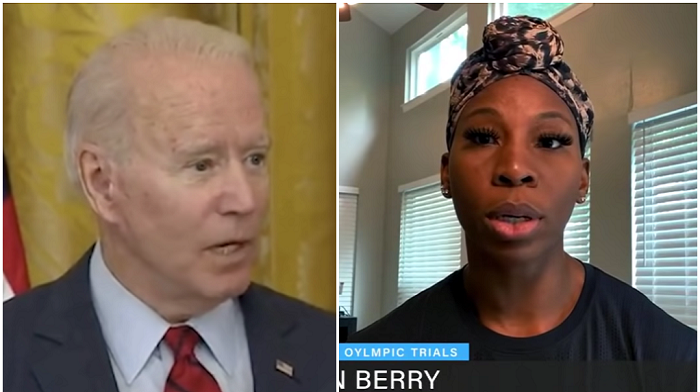 President Biden is backing Olympic hopeful Gwen Berry's right to turn her back on the American flag, saying pride and patriotism includes pointing out when the United States hasn't lived up to "our highest ideals."