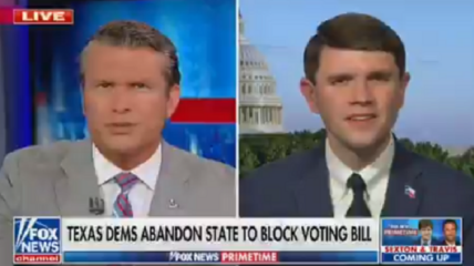 Fox News Primetime host Pete Hegseth took State Representative James Talarico to task over a stunt in which he and his fellow Texas Democrat lawmakers fled their state in an attempt to avoid a vote on election integrity bills in the state legislature.