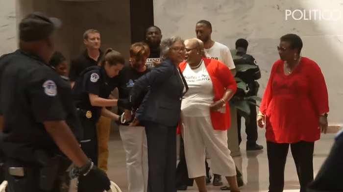 Democrat Representative Joyce Beatty was zip-tied and arrested after she let a group of protesters demonstrating in support of Democrat efforts to expand voting into a Senate office building.