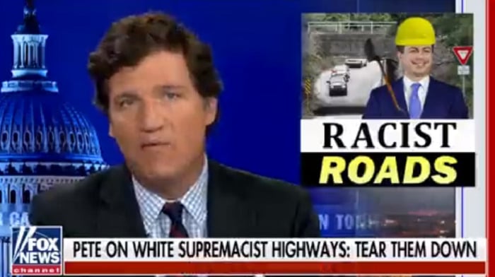 Fox News anchor Tucker Carlson mocked Pete Buttigieg after the Transportation Secretary said his agency would use infrastructure funds to address 'racism' in highway designs.