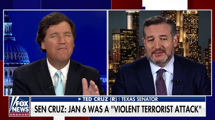 Fox News host Tucker Carlson held Senator Ted Cruz to the fire after the Texas Republican described the January 6 riot at the Capitol as a "violent terrorist attack."