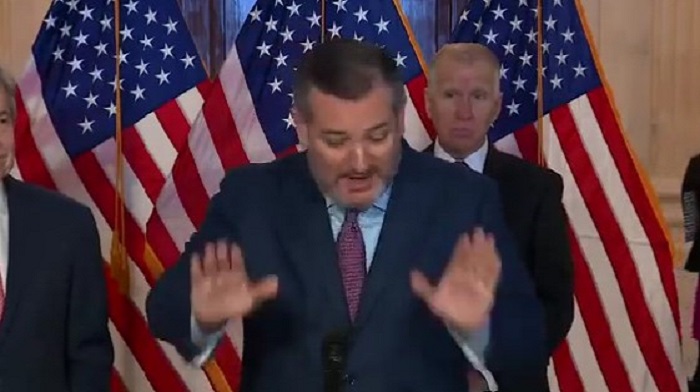 Ted Cruz reacted angrily to a reporter asking about Republicans wearing masks, slamming his hands on the podium and suggesting media hypocrisy was in play.