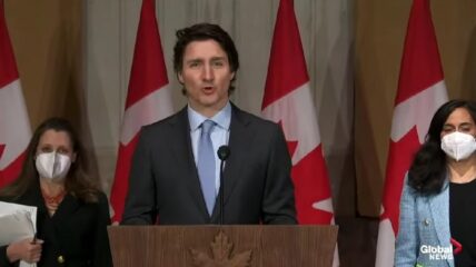 Prime Minister Justin Trudeau, in announcing sanctions against Russia in response to aggression towards Ukraine, said Canada will "stand against authoritarianism."
