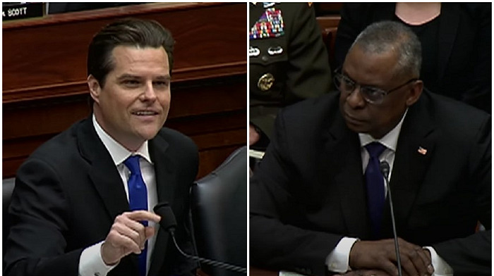 Matt Gaetz and Defense Secretary Lloyd Austin engaged in a fiery back and forth with the Republican congressman accusing the latter of pushing a 'woke' agenda in the military and saying he's "embarrassed" by his leadership.