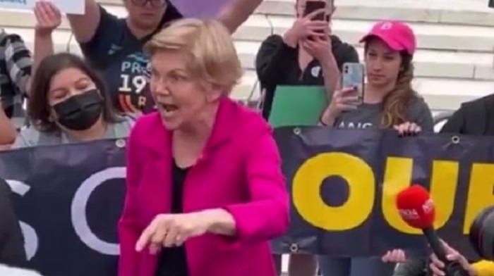 Senator Elizabeth Warren gave an angry speech to protesters - her voice cracking repeatedly - vowing to fight back against what she called an "extremist" Supreme Court.