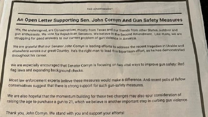 Major donors to the Texas GOP have published an open letter calling for Congress to take action on gun control, including expanding background checks and "red flag" laws, as well as raising the minimum age to purchase a gun to 21.