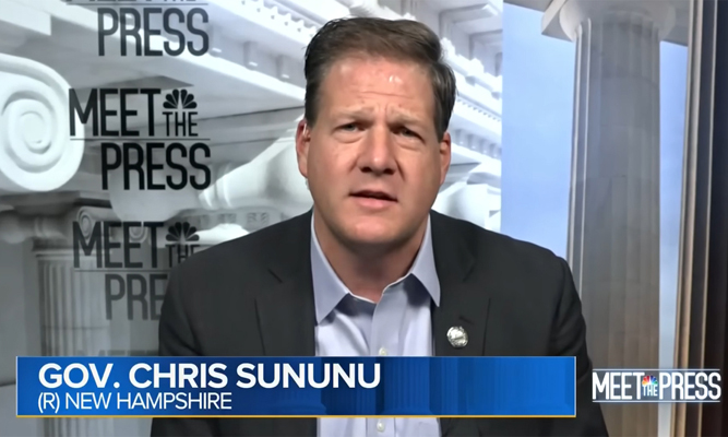Republican New Hamshire Gov. Chris Sununu appears on the far-left NBC News 'Meet the Press' during Oct. 2022.