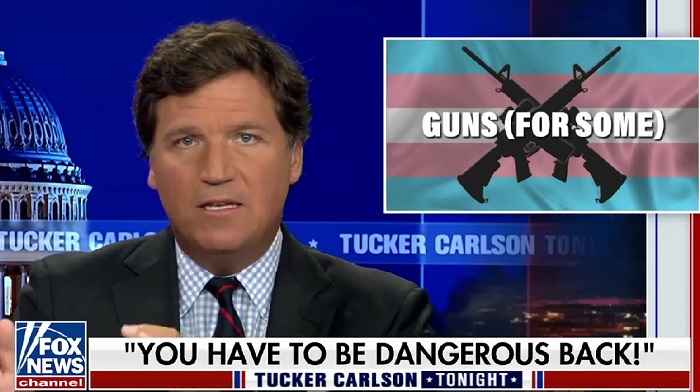 Tucker Carlson suggested the media was encouraging "trans people" to pack heat as a means to promote "political violence," less than one week before a transgender artist slaughtered six people - including three children - at a Nashville elementary school.