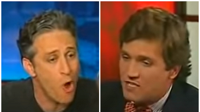 Video has resurfaced of a contentious interview between comedian Jon Stewart and Tucker Carlson who was co-hosting CNN's "Crossfire" at the time.