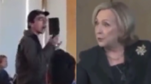 Hillary Clinton got lambasted by a heckler who took issue at her and President Biden's "incredible hypocrisy" during a discussion on human rights at Columbia University.