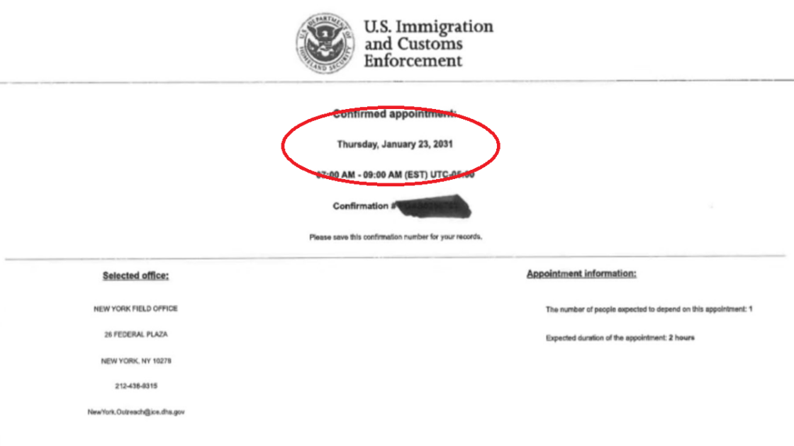An illegal immigrant who crossed the southern border into Texas was released by ICE and given a check-in appointment date of January 2031.