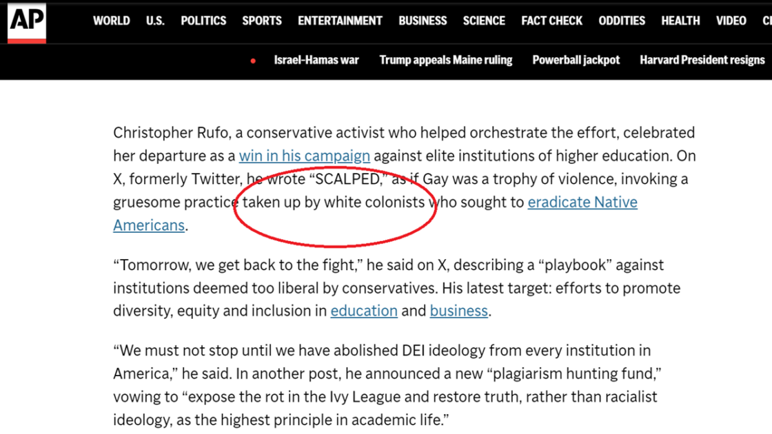 The Associated Press is doing its best to convince readers that the barbaric act of 'scalping' is a product of "white colonists."